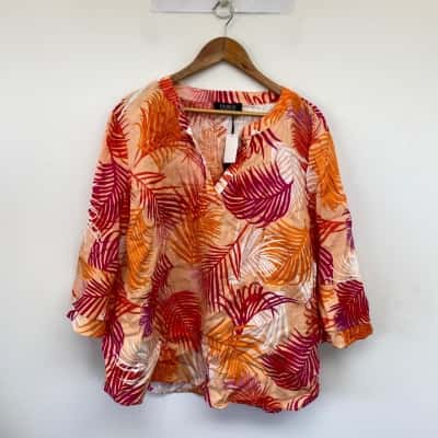 Jacqui-E Curve Orange Pattern Long Sleeve Linen Blouse Top Size 20 