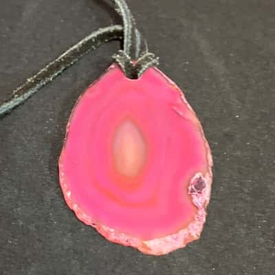  Women's Slice of Pink Agate on Leather Strap Necklace