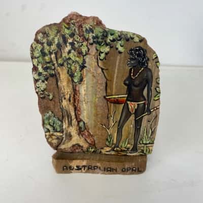 Decorative Stone Plaque With Hand-painted Scene Slice Of Opal Rock Aboriginal Australian Women 