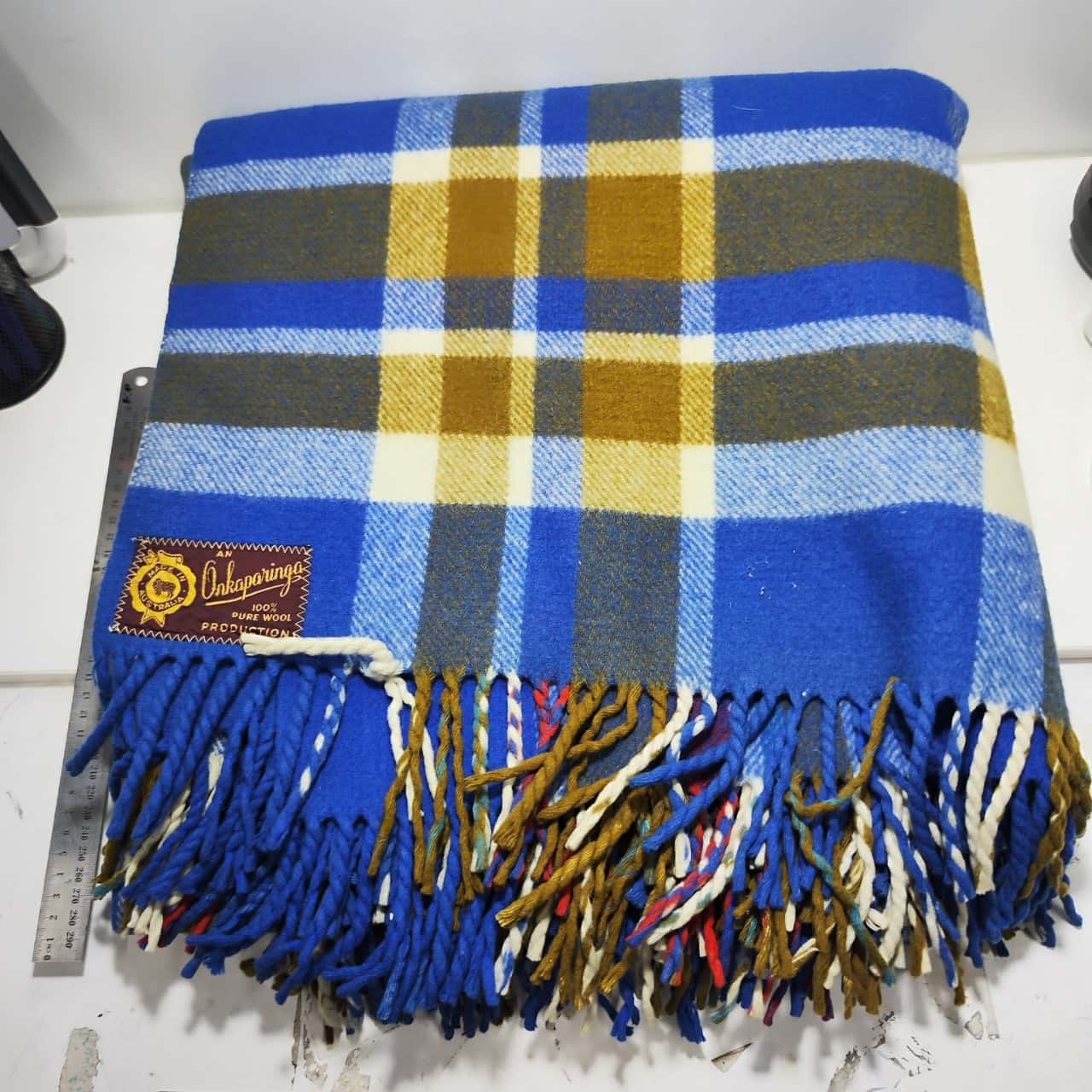 Double Size Onkaparinga 100 Pure Wool Blanket Checkered Blue Brown
