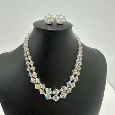  Vintage Crystal Womens Clip on Earrings / 2 Strand Necklace 