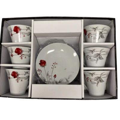 Tea Cup and Saucer Set 12 Piece, Red Rose Fine Porcelain