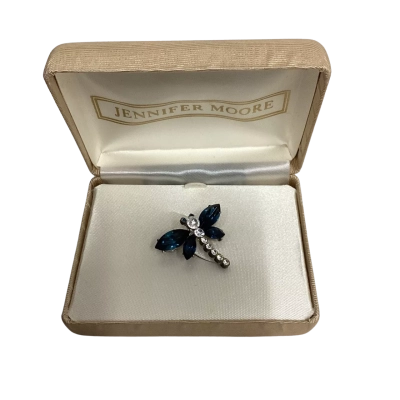 Vintage Jennifer Moore Womens Brooch Blue Rhinestone Dragonfly w/ Box