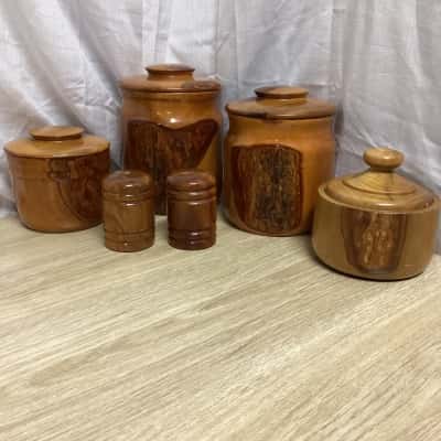 Vintage Camphor Laurel Wood Lacquered Canisters and salt n pepper containers