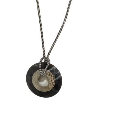 Taking Shape Large Grey Resin Pendant with Polished Silvertone Metal Disc Women's Necklace Black  / White Chord