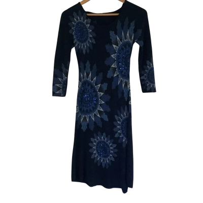 Desigual.   Dark Blue Mandala Sunflower Sequin Dress with Detachable Wrap.    Size S 