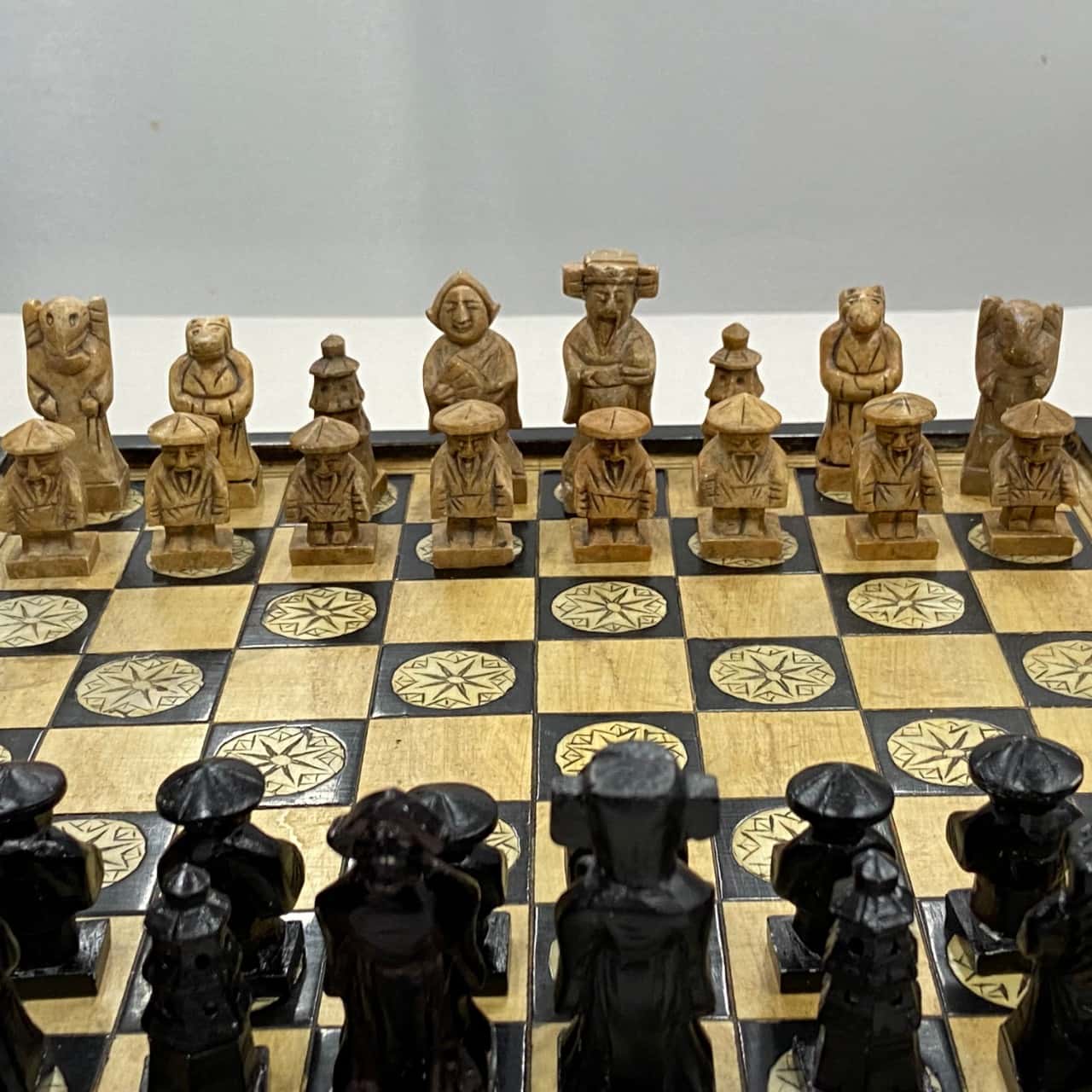 Chess Set Ornate Hand Carved Stone & Wood Board 27x27cm (Complete with ...