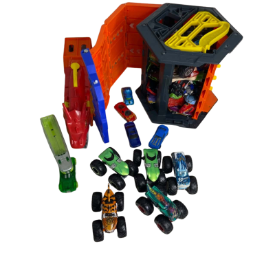 A Mystery Bundle of Hot Wheels cars with a Hot Wheel Track case. 