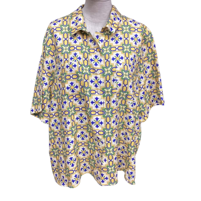 NEW AERE Womens  Size 16 Short Sleeve Shirt Blue / Yellow 