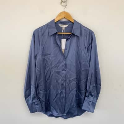 Forever New Blue Longline Satin Workwear Shirt Size 10