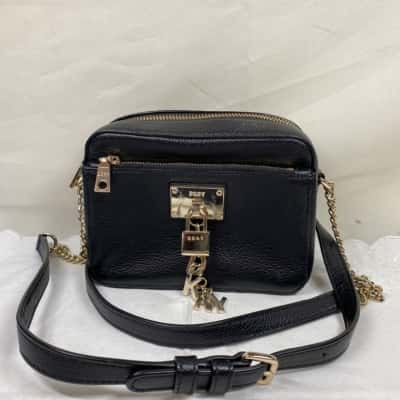 DKNY Womens Cross Body Bag Black  / Gold Cow Leather