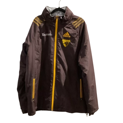 AFL Hawthorn Hawks(Tasmania) Mens  Size L Winter Jacket Brown / Yellow with Tucked Away Hood (In Collar)