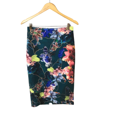 Women’s Size 8 Teal And Floral Table Eight Midi Skirt 