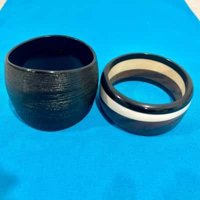 Retro Bangles, Set of 2 - Wide Black, White & Brown Striped & Wide Black 