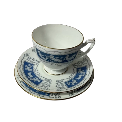 Coalport "Revelry" White / Blue Cherub Pattern Bone China Cup Saucer & Plate
