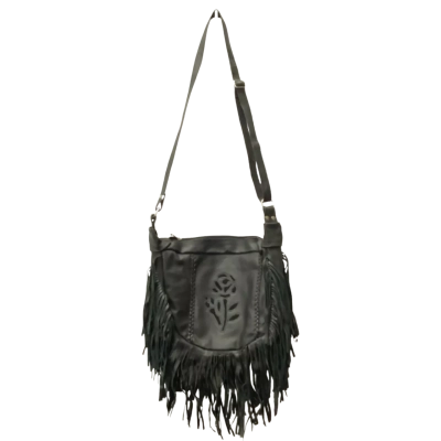 Bikers Gear Australia Black Leather Fringe Handbag