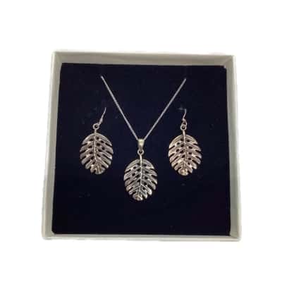  Womens Monsters Leaf Earrings / Necklace Set Sterling Silver 