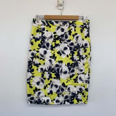 Portmans Black White Yellow Floral Knee Length Skirt  Size 12 