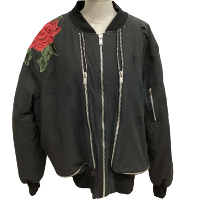  Calmmind Mens  Size L Bomber Black With Rose Motive and Zipper Detail