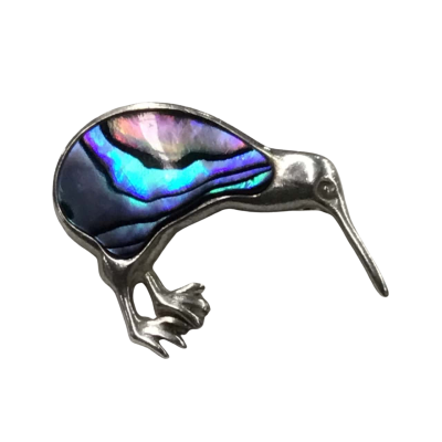  Silver Kiwi Bird Brooch with Pāua Shell