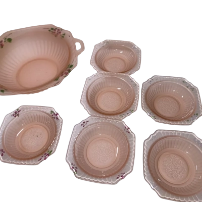 Mayfair pink frosted by Anchor Hocking vegetable bowl and 6 mini bowls