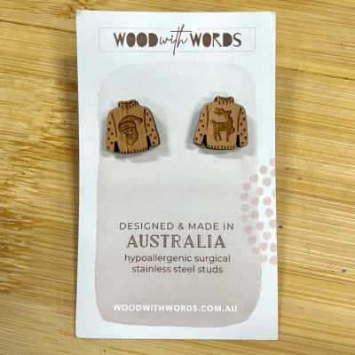 Wood With Words Wooden Christmas Sweater Stud Earrings 