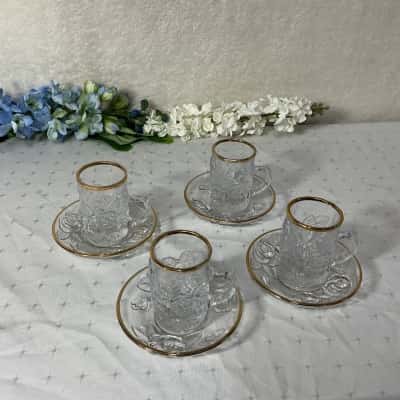 Soga Japan Set of 4 Embrossed Rose Pattern Glass Demitasse Cups & Saucers