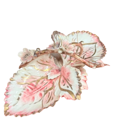 Vintage Italy Made Pink Porcelain Petals Dish With Porcelain Flowers And Handle