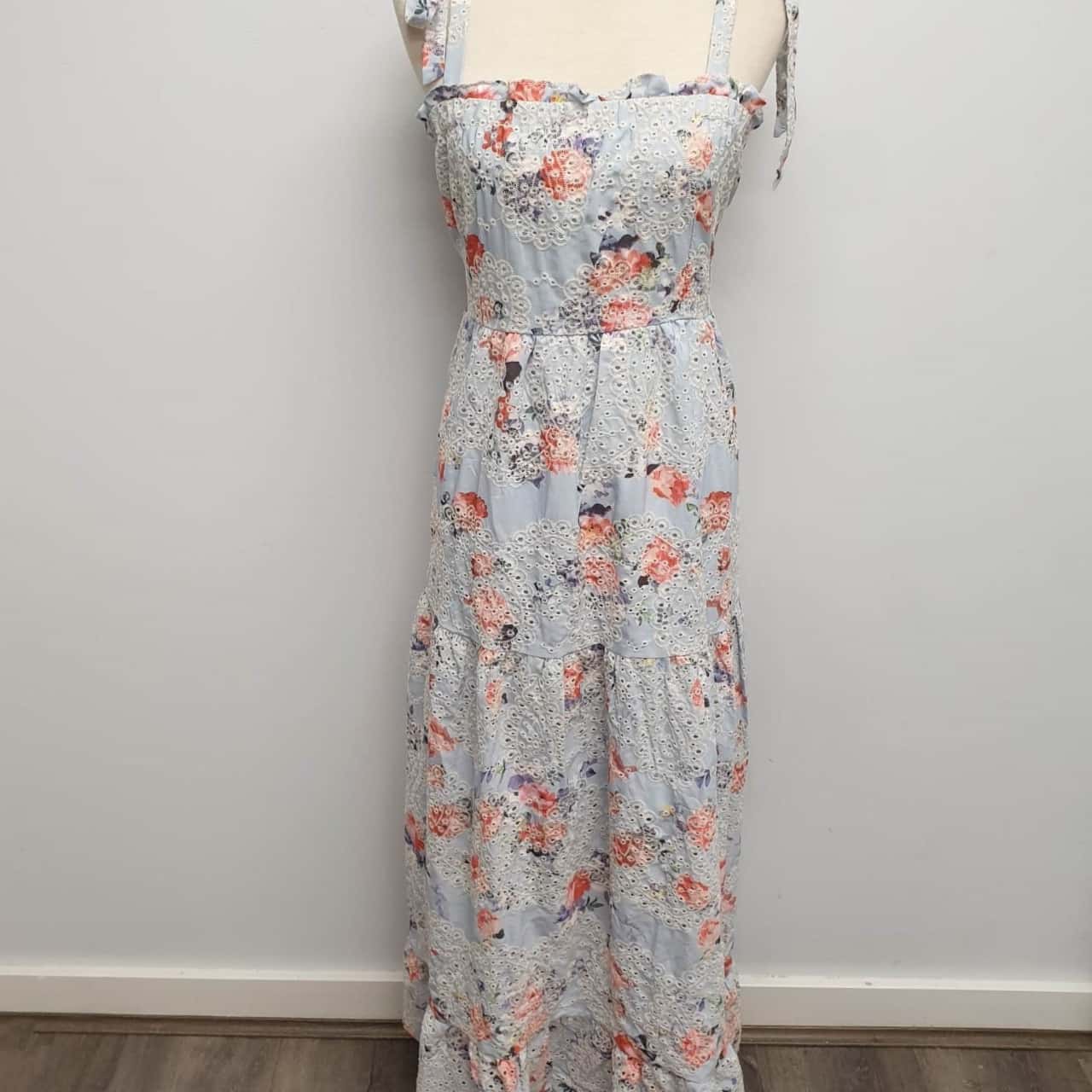 Dahlia & Sun Gorgeous Pretty Soft Pale Blue & Pink With Cream Embroidered  Over Flowers/ Floral /Shirred Bodice /Tie Shoulder Straps/ Maxi Dress Size  L - RRP $89.00 (s)