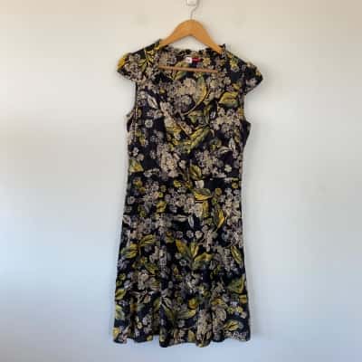 Table Eight Black Yellow Floral 100% Silk Mini Dress Size 12