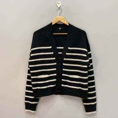 Uniqlo Womens  Size M Knit Cardigan Black  / Striped / White 