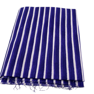 Cotton mix fabric.  108 (w) x 73 (L) cm approx.  Blue with white stripes.