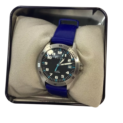  Elite brand quartz watch with a blue silicone strap and a black dial