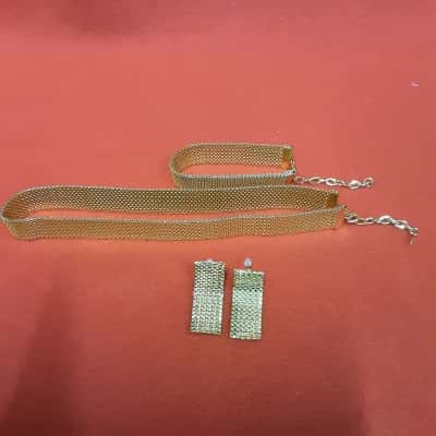 Gold Tone jewellery set featuring mesh choker necklace matching rectangular drop earrings and coordinating bracelet