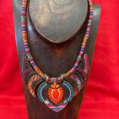  Women's Ethnic-Style Bohemian Inspired Statement Necklace featuring Colourful Fabric & Beading Details 
