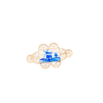 Vintage Delft Windmill and Filigree Womens Brooch Blue / Silver / White 