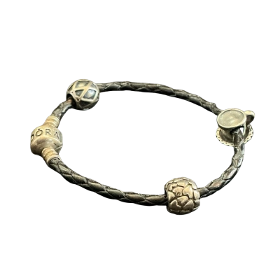 Pandora Leather Charm Bracelet with 3 charms Black  / Silver - excellent pre loved condition 