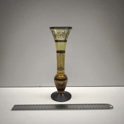 Vintage Amber Bohemian Glass Flared Bud Vase Gold Gilt Floral 26cm