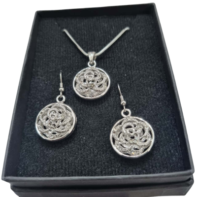  Womens Silver-tone Rose Earrings & Necklace Set