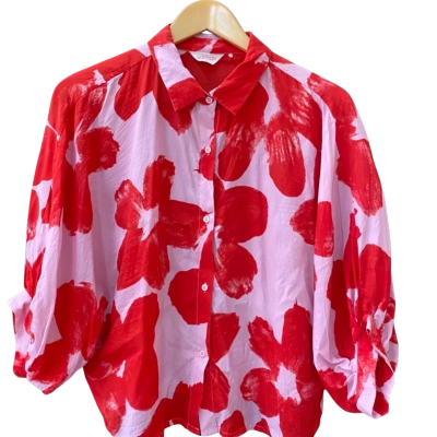Gorman Silk Blend Poppy Print Shirt Red & Pnk Size 6