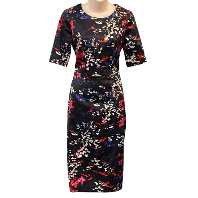 Veronika Maine Womens Size 10 Midi/Short Sleeve Dress Black/Multicoloured/Orange/Pink/White