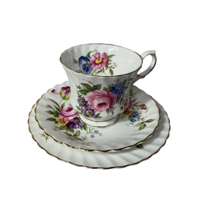 Vintage Queen Anne Floral Pattern Bone China Cup Saucer & Plate