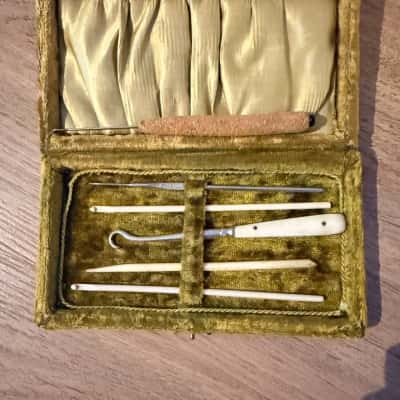 Antique Victorian Travel Sewing Kit in Green Velvet Case. 