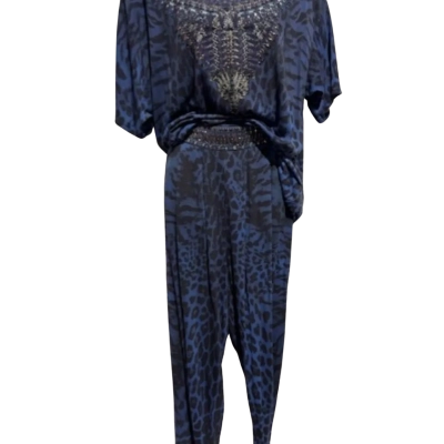Camilla Womens Black & Navy Blue Animal Print Top and Pants Set Size XS