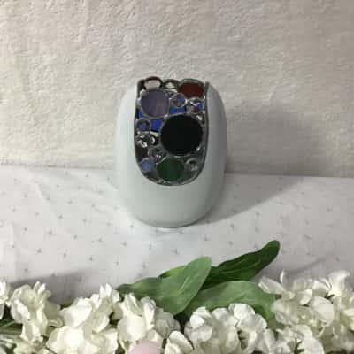 White Ceramic Vase with Stained Glass Mosaic Insert