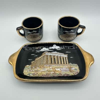 Strigos 24K Gold Made In Greece Parthenon Cups & Tray