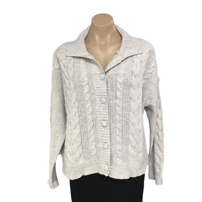 Sussan Womens Size M Pale Grey Cable Pattern Button-down Collared Cardigan 
