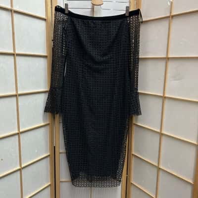New Without Tags BEC & BRIDGE Women’s  Size 10 Zinnia Black Mesh Long Sleeve Dress / Midi Pencil Dress / Off The Shoulder Dress Black   RRP:$475.00