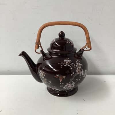 Vintage Brown Floral Bird Teapot with Bamboo Handle