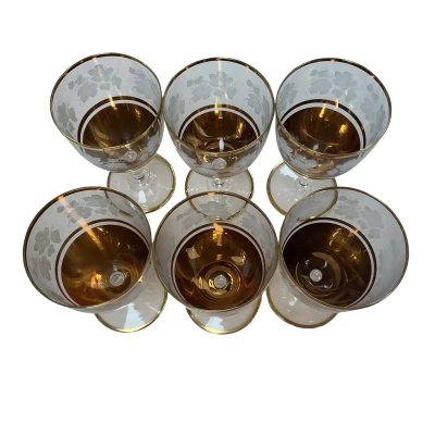 Vintage Bohemian crystal and gold trimmed etched wine glasses 6pc